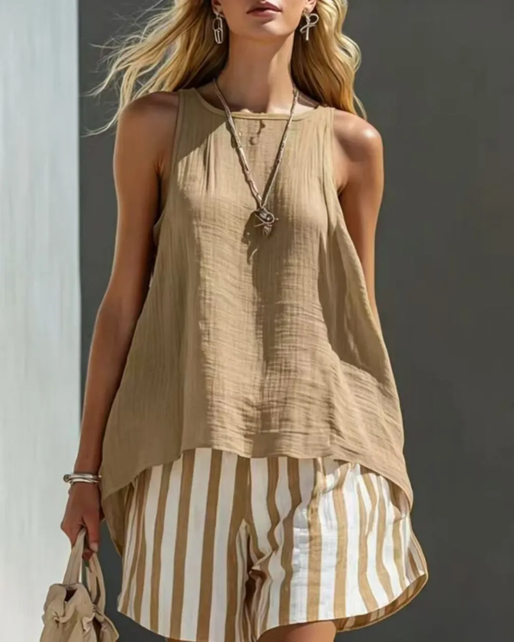 Flared Tank Top and Striped Shorts Set