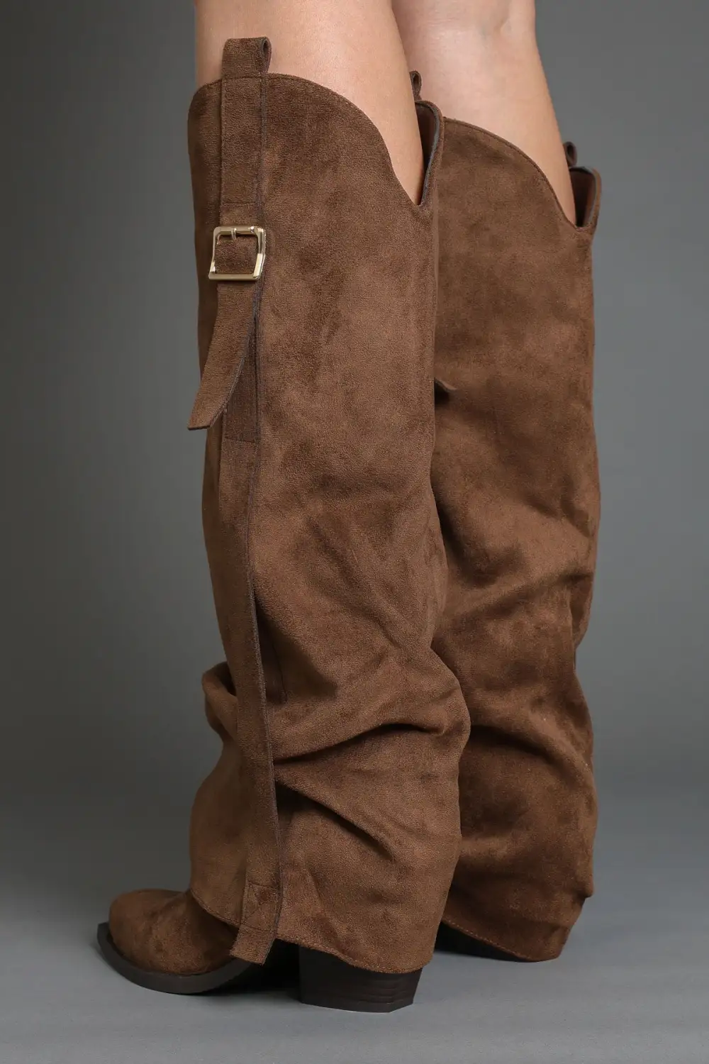 Modern Western Slouch Fold-Over Buckle Detail Knee High Boots