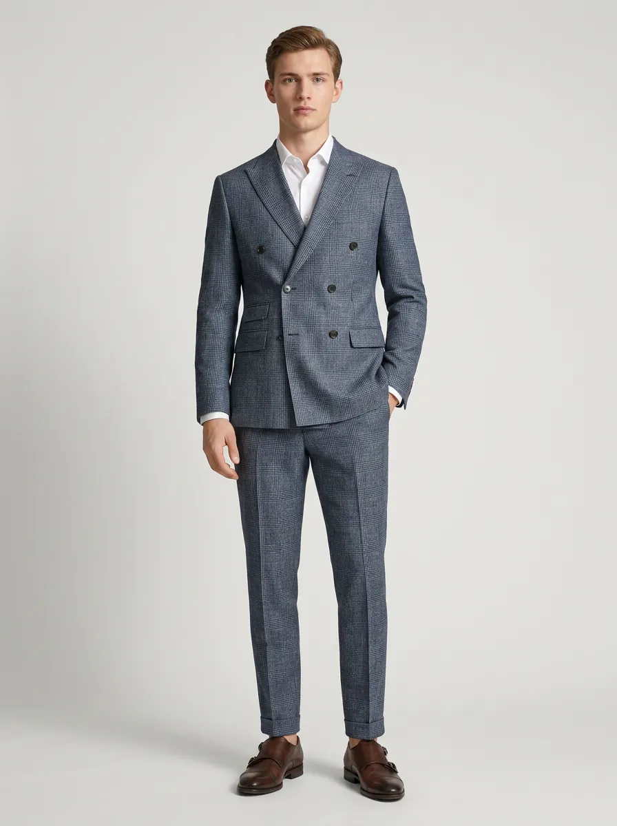 Men's Business Formal Blue Plaid Patterned Double-Breasted Suit