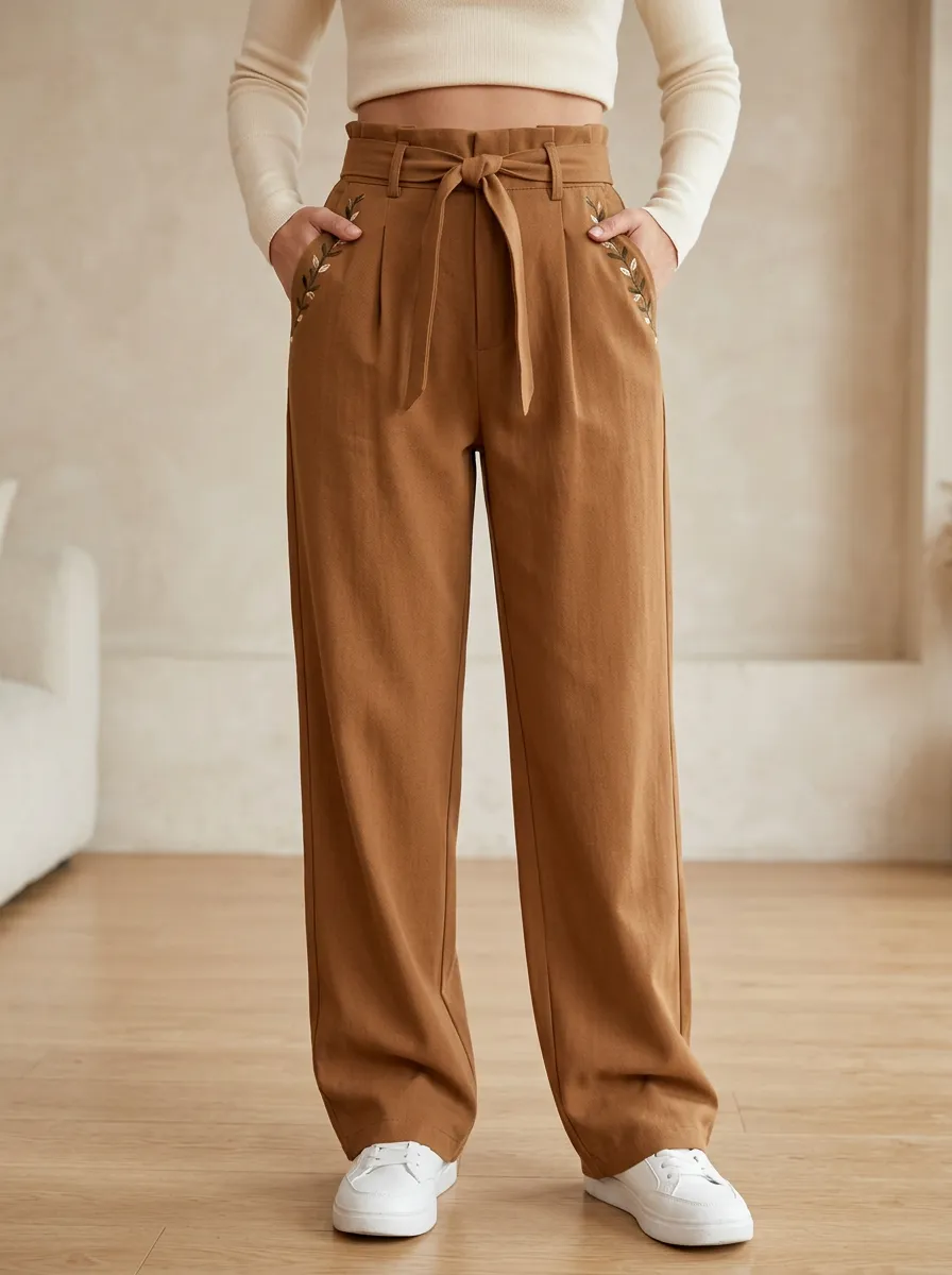 Women's Casual Leaf Embroidery Tie-Waist Print Trousers