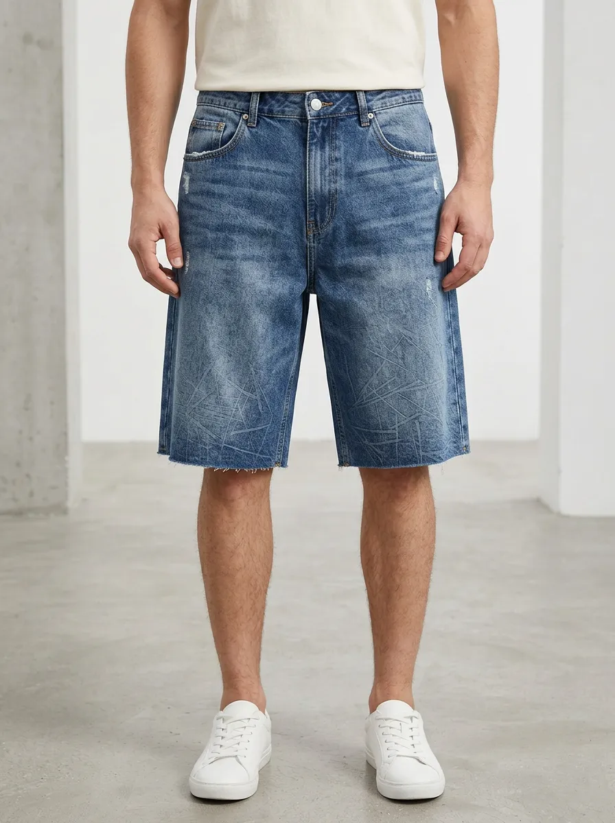 Storage-Ready Distressed Raw Hem Modern Look Men's Distressed Raw Hem Denim Shorts