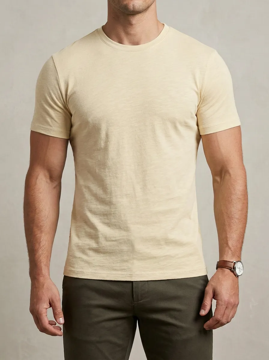 Streamlined Ribbed Textured Crew Neck Finish Men's Slim Fit Short Sleeve T-Shirt