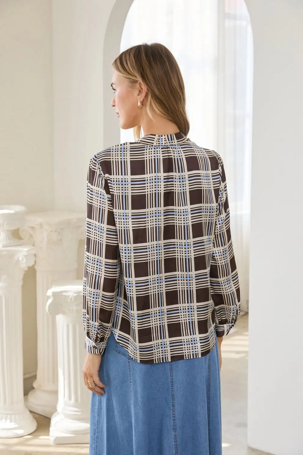 Plaid Tie Neck Blouse