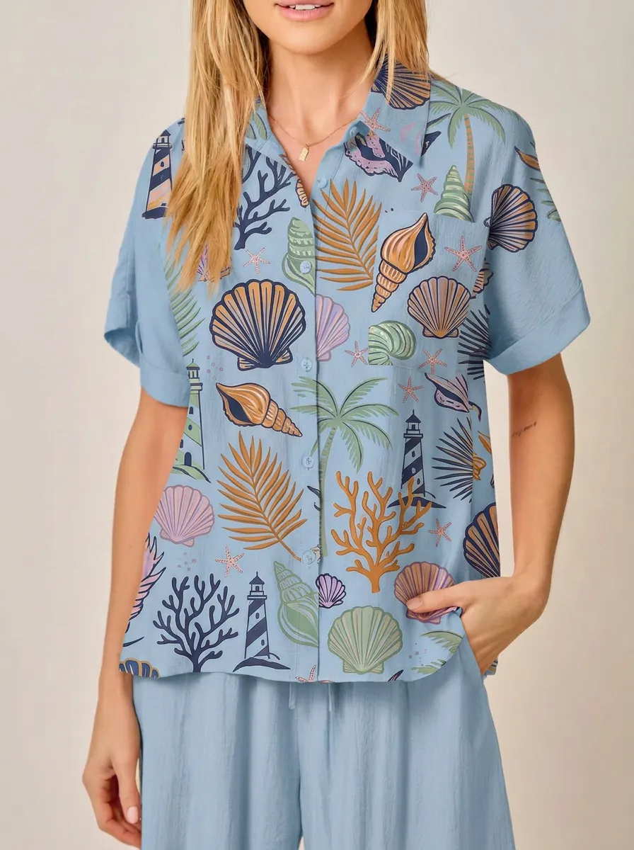 Women's Beach Vacation Seashell Lighthouse Palm Printed Shirt
