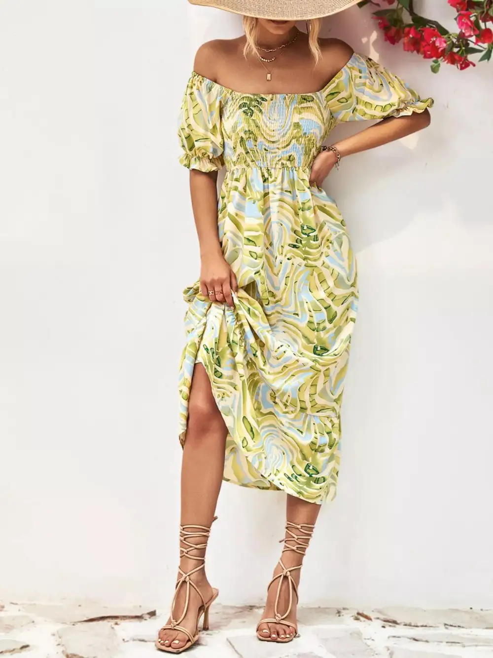Printed Smocked Puff Sleeve Midi Dress