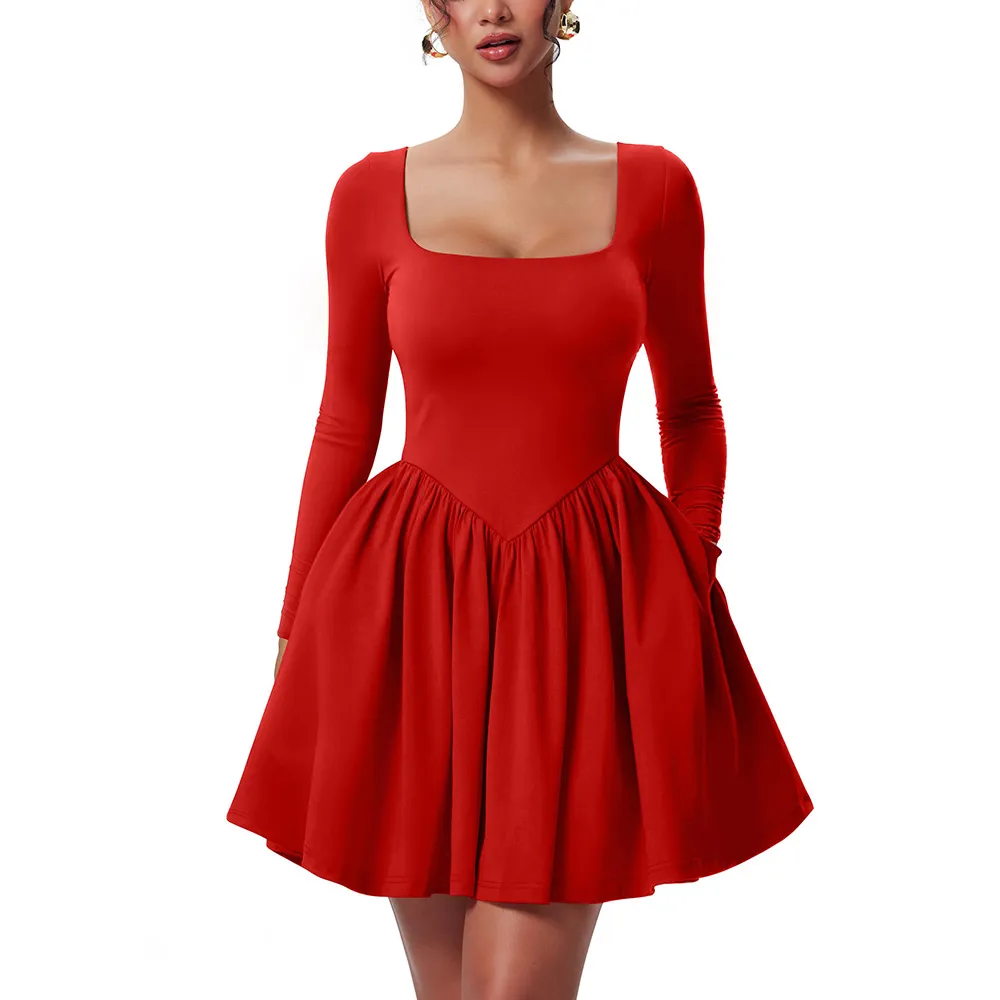 Women'S Square Neck A Line Dress With Pockets