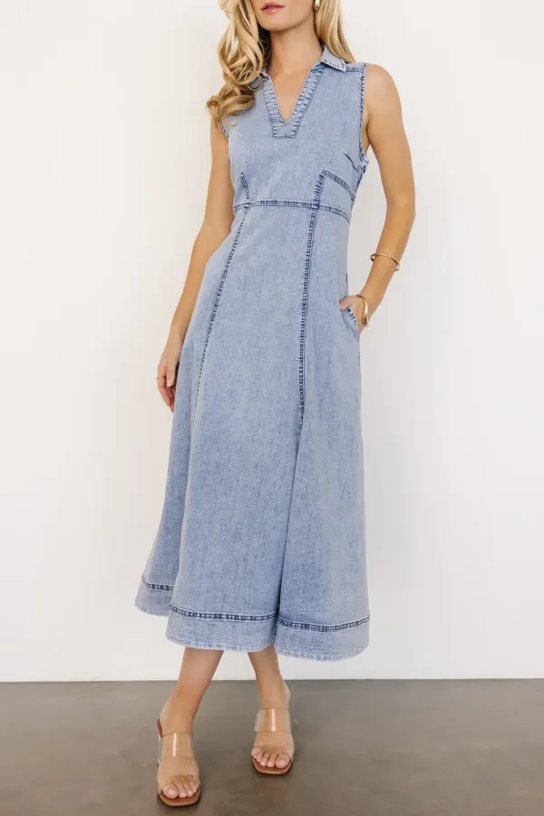 High-Waisted Minimalist Cut V-Neck Denim Dress