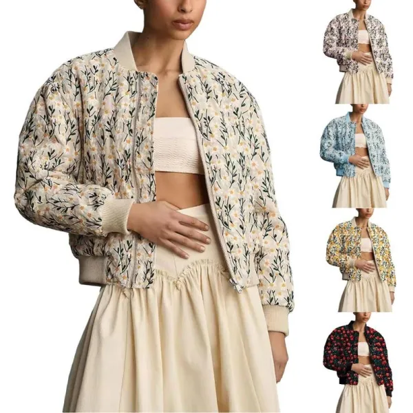 Women's Ramie Linen Embroidered Daisy Cropped Bomber Jacket with Quilted Puffer Sleeves & Two Side Pockets Outerwear