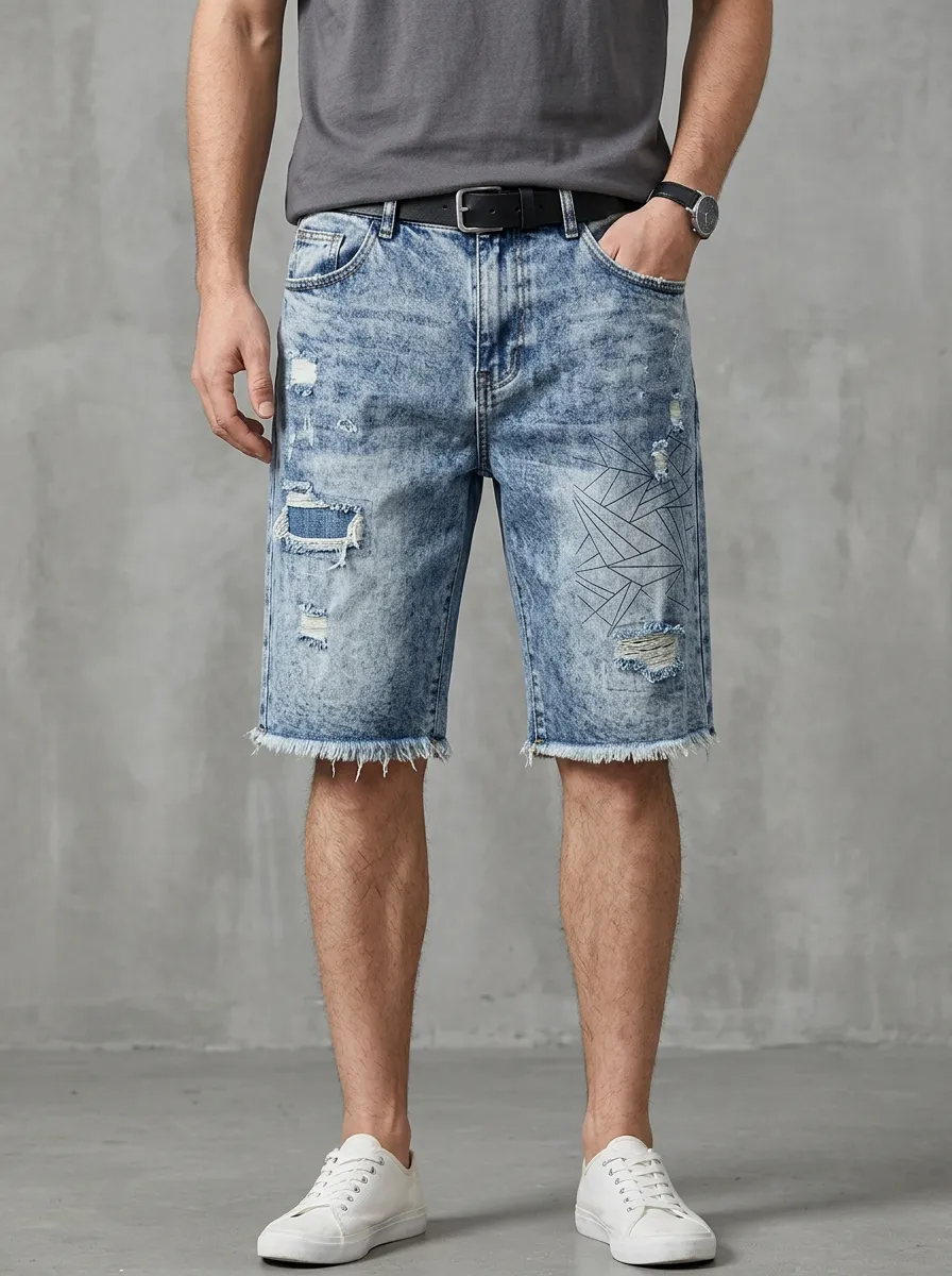 Storage-Ready Distressed Raw Hem Look Men's Distressed Raw Hem Denim Shorts