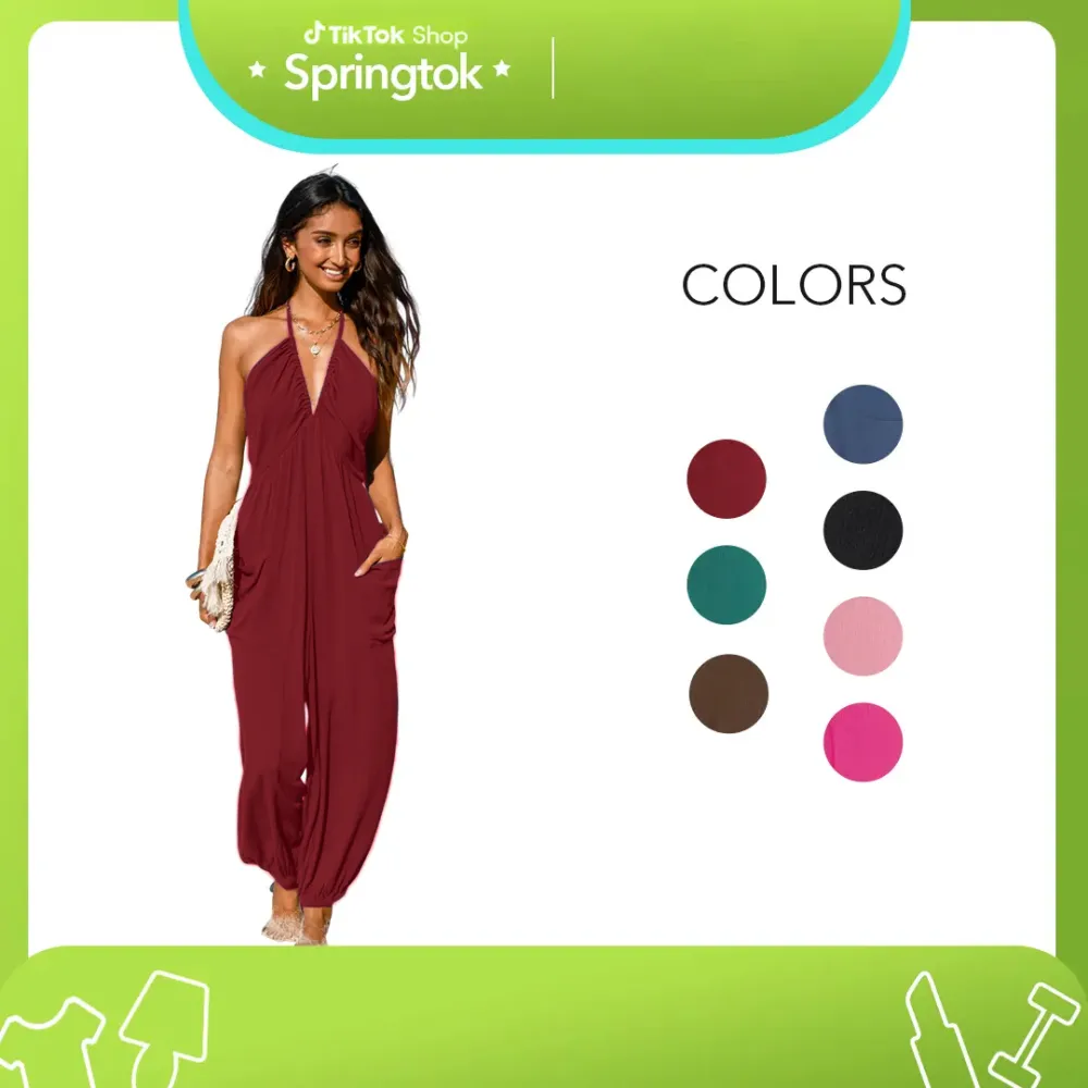 Women'S Basic Plunge Halter Sleeveless Pleated Long Romper Knit Jogger Maxi Jumpsuit With Pockets Spring Summer Womenswear Overalls