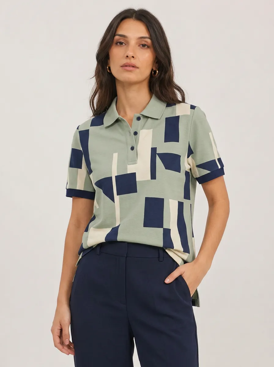 Women's Geometric Pattern Sage Green Navy Printed Polo Shirt