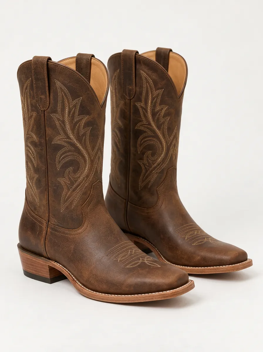 Unisex Brown Western Cowboy Boots with Printed Embroidery