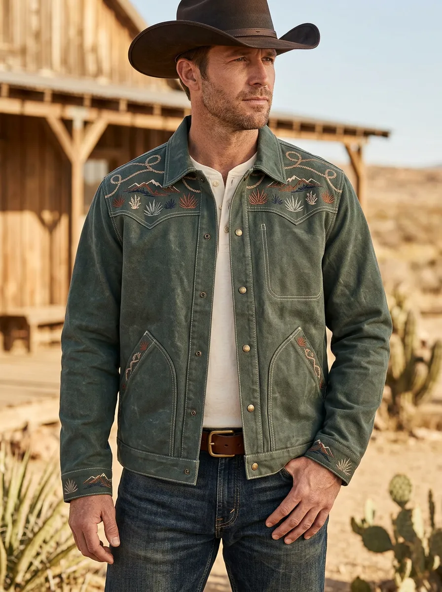 Men's Classic Western Cowboy Cactus Desert Mountain Embroidered Jacket