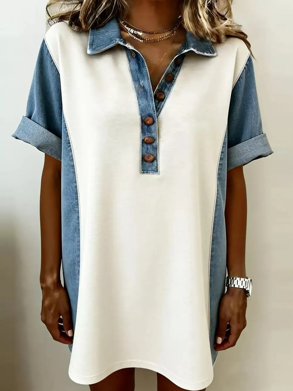 Patchwork Denim Button Front Mini Dress