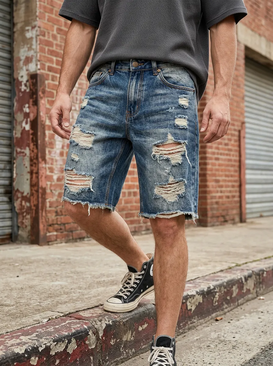 Men's Ripped Denim Shorts Featuring Five Pocket