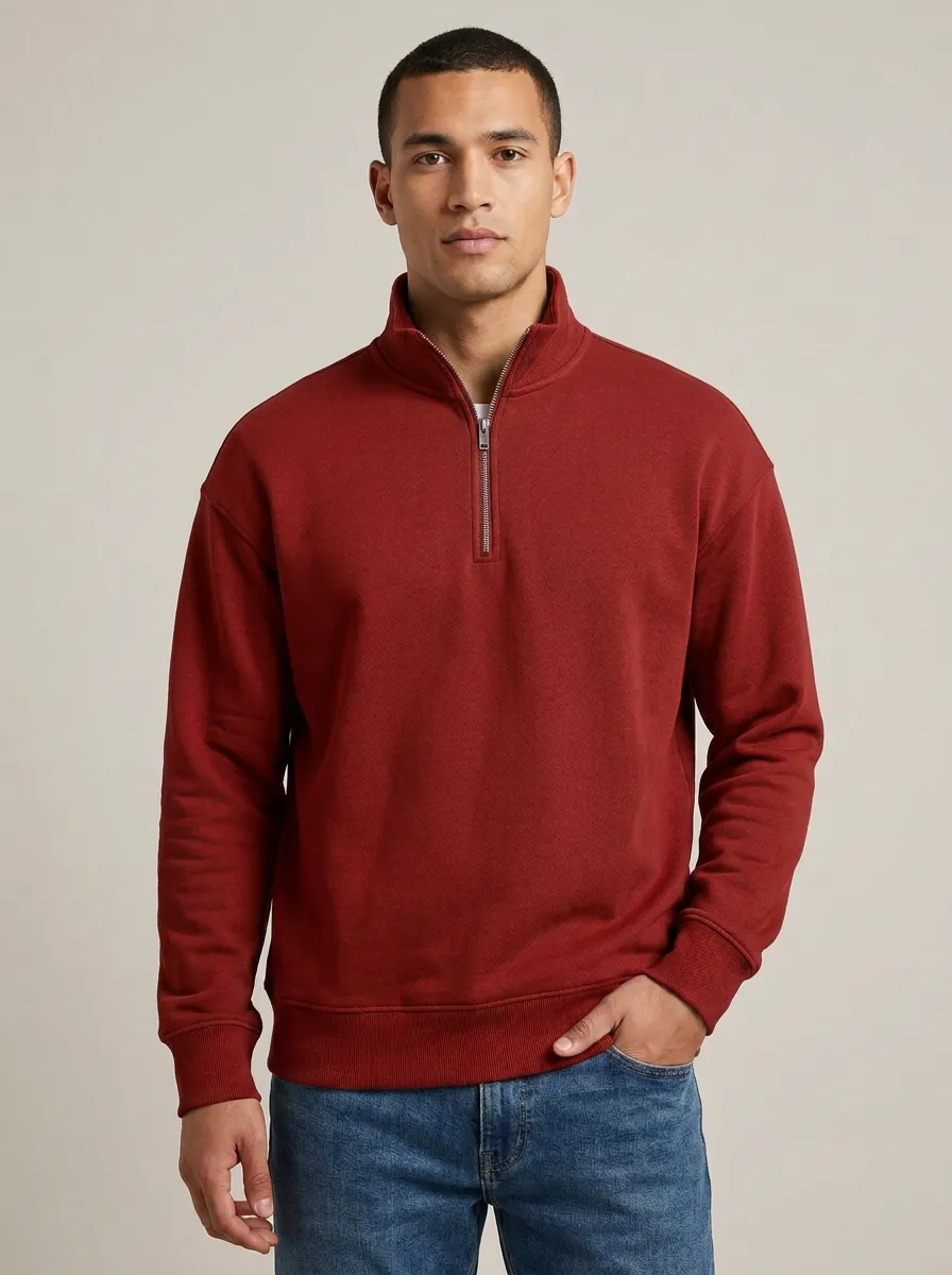 Men's Refined Minimalist Textured Stand-Collar Quarter-Zip Sweatshirt