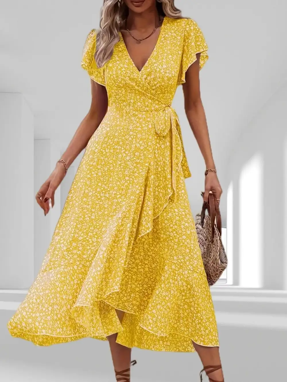 Print Ruffle Hem Wrap Midi Dress