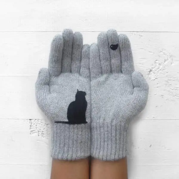 Women'S Cat And Bird Print Sweater Gloves 47982393C