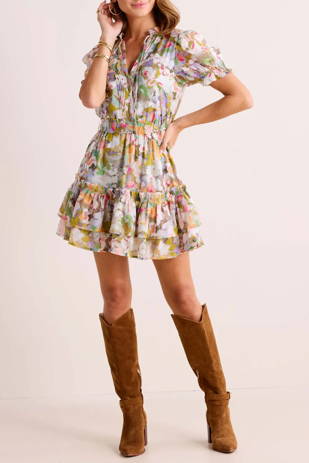 Multicolored Floral Print V-Neck Puff Sleeve Ruffled Dress