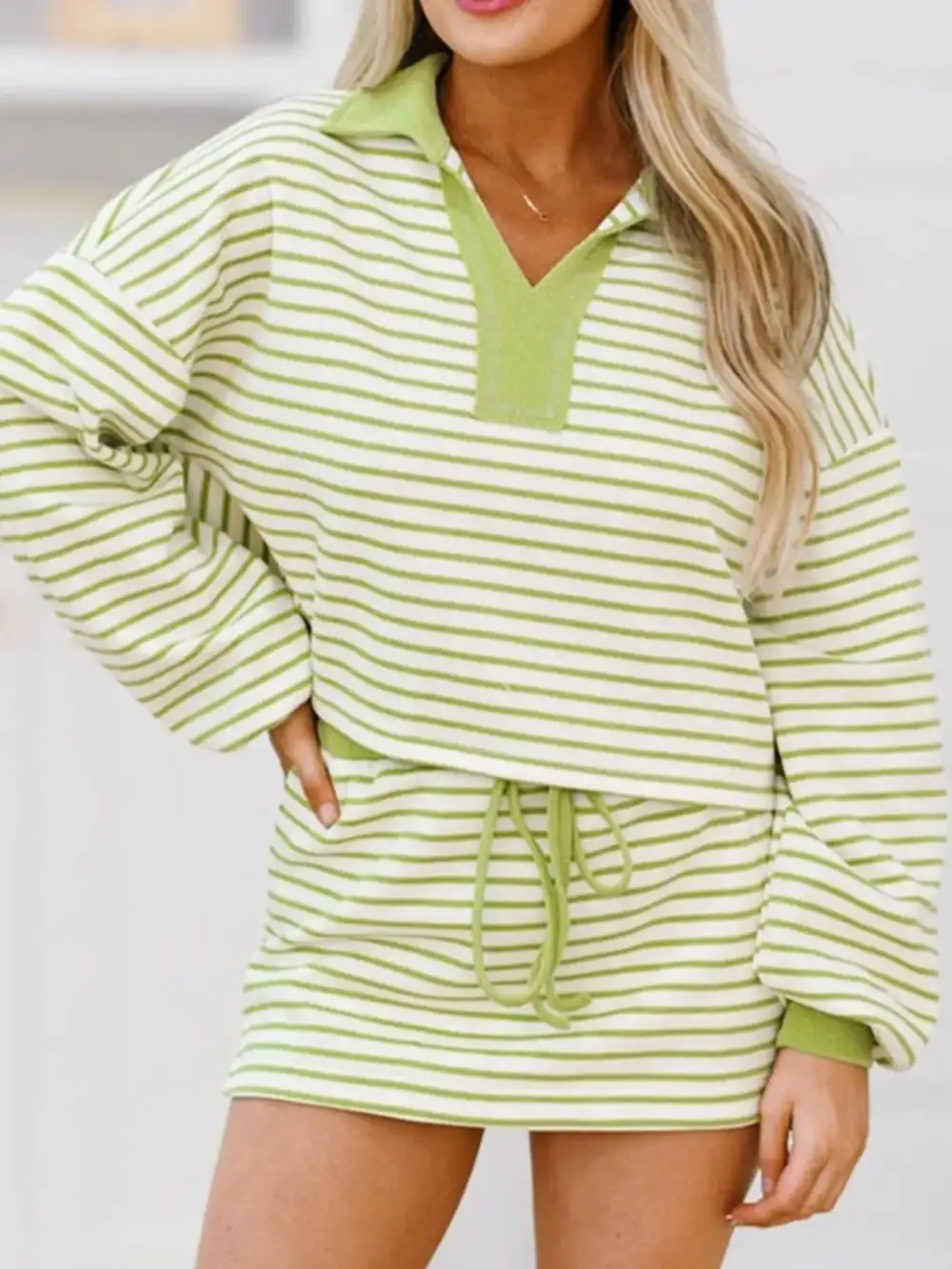 Collared Neck Striped Top and Drawstring Skirt Set