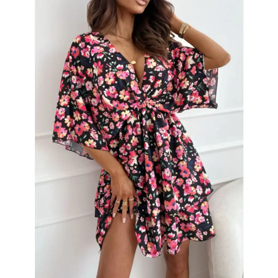 Print V-neck Ruffle Mini Dress