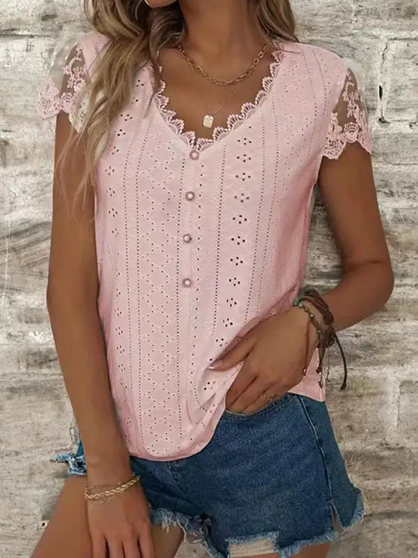 Relaxed Short Sleeve Button Detail Cutout Mesh Panel Detail V-Neck T-Shirt