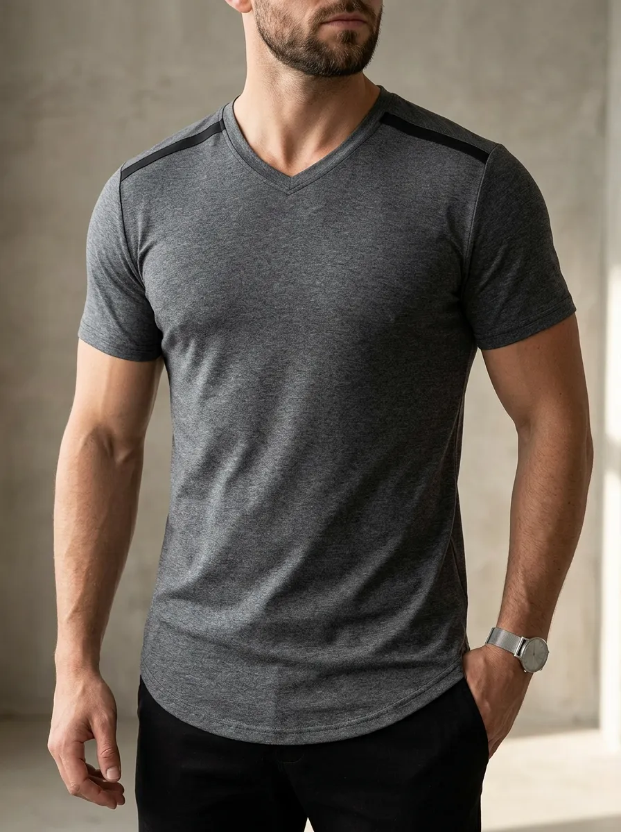 Classic Contrast Shoulder Curved Hem V-Neck Profile Men's Slim Fit Short Sleeve T-Shirt