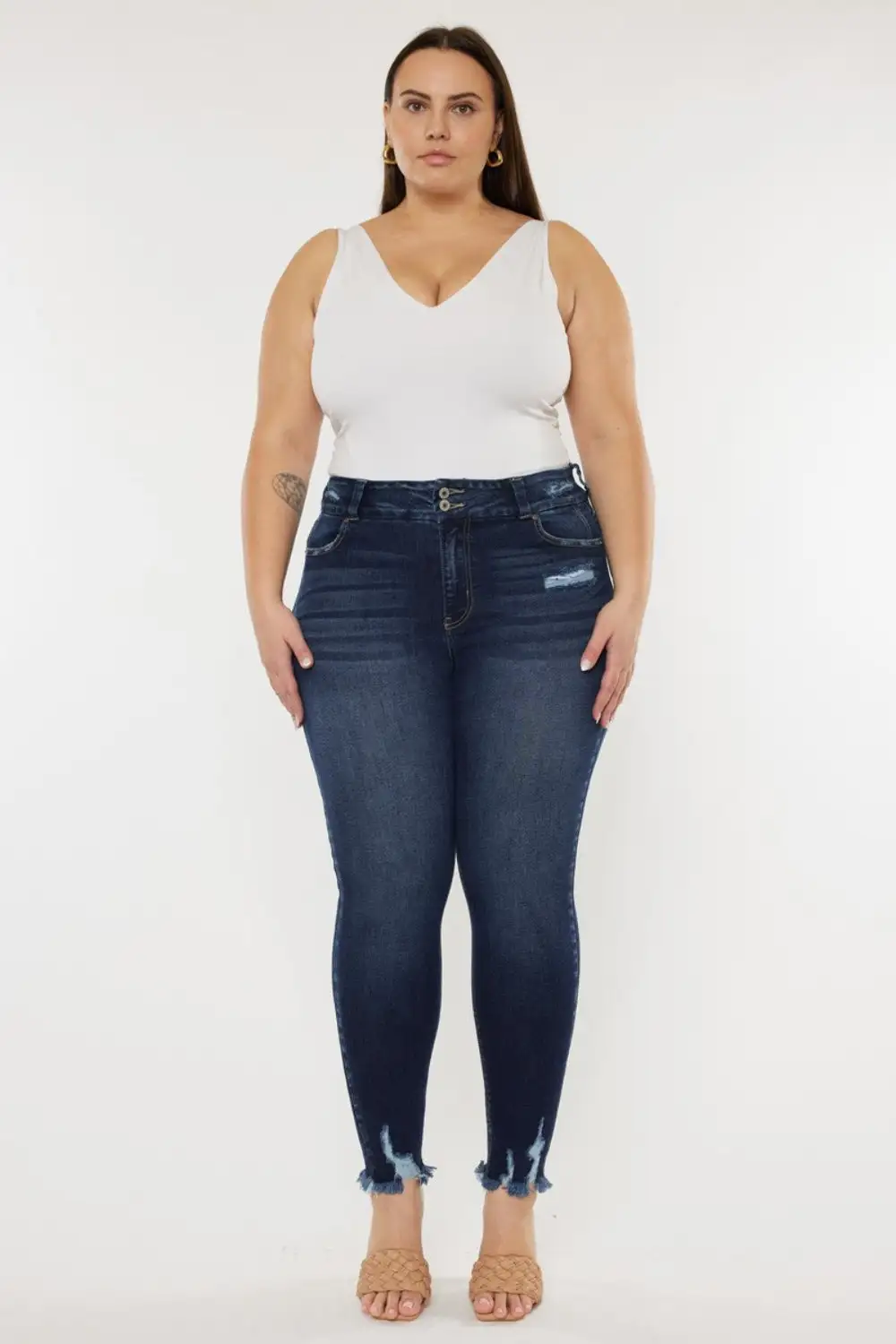 Tailored High Waist Raw Hem Denim Jeans