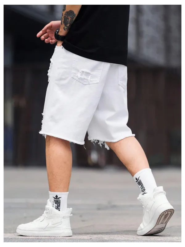 Men's Ripped Denim Shorts In White