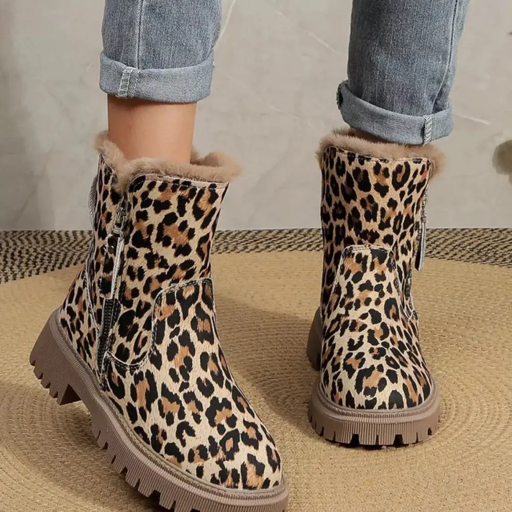 Leopard Print Fur Lined Ankle Boots
