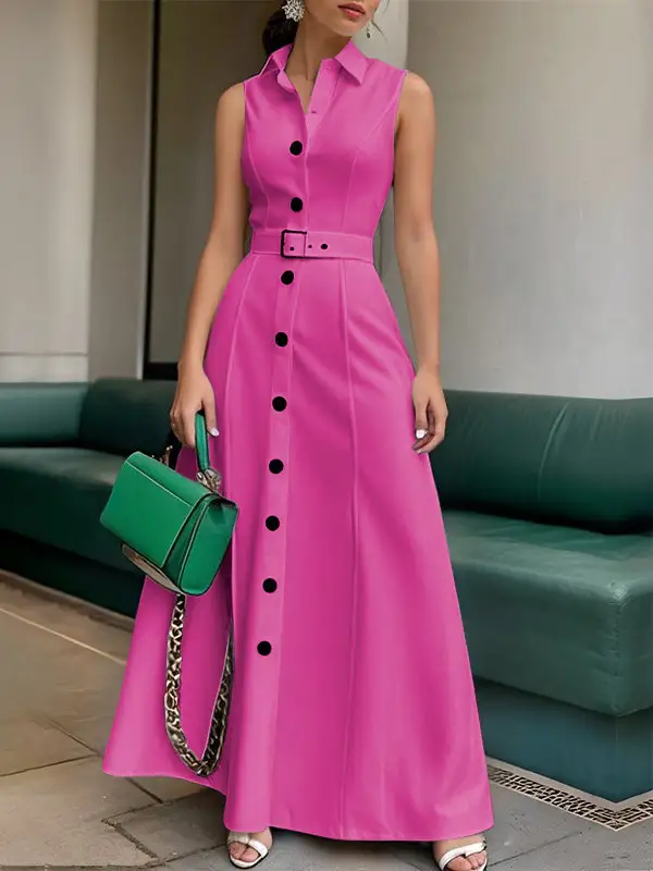 High Buttoned Belted Maxi Dress