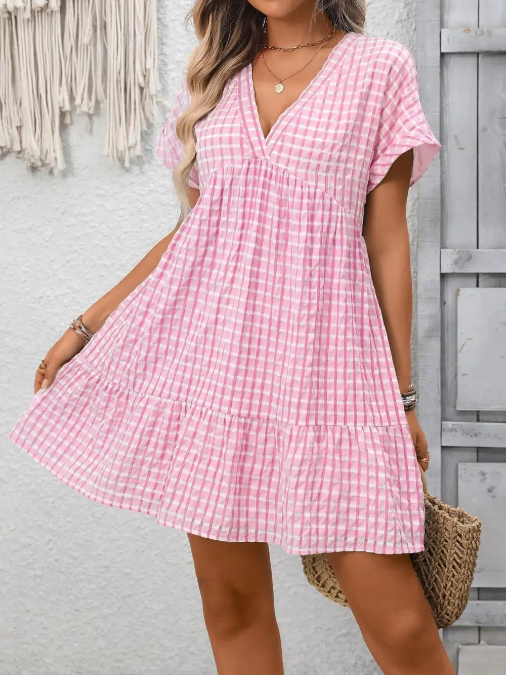 Plaid V Neck Ruffle Mini Dress