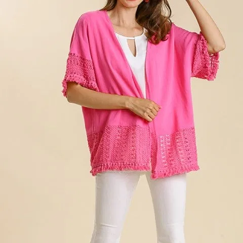 Open Front Crochet Lace Detail Dropped Shoulder Cardigan