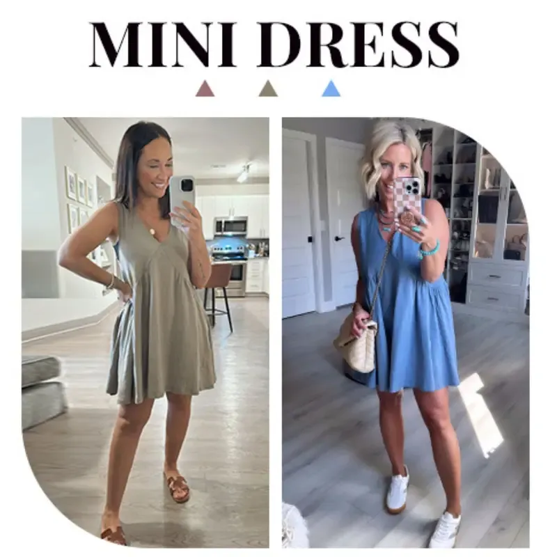 Women's Sleeveless Mini Dress Casual Loose V Neck Sundress with Pockets