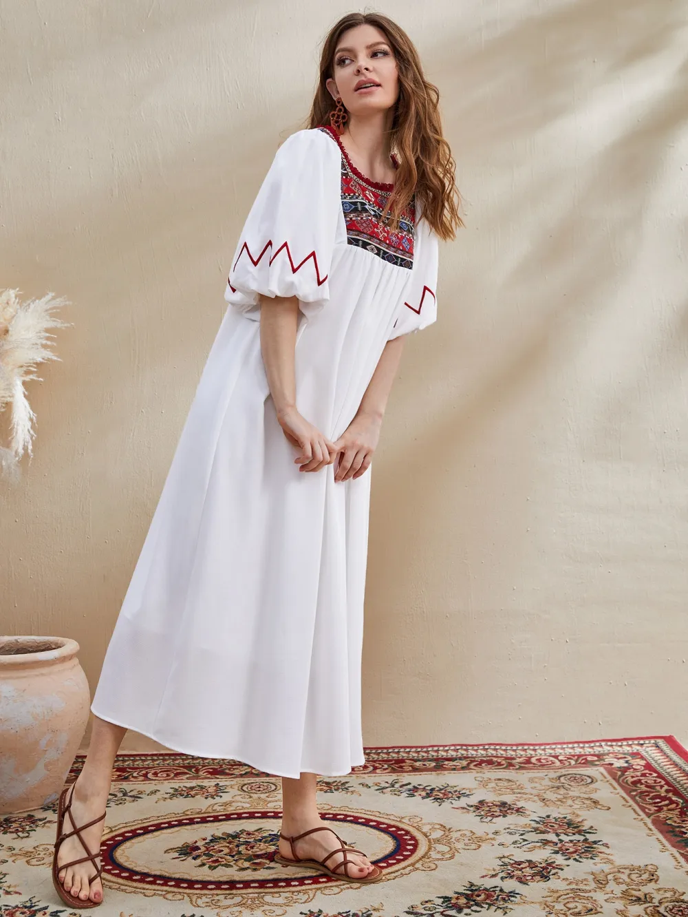Puff Sleeve Embroidery Yoke Smock Dress
