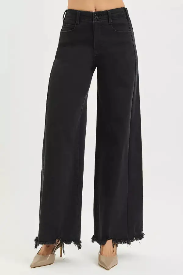 High Rise Frayed Hem Wide Leg Jeans