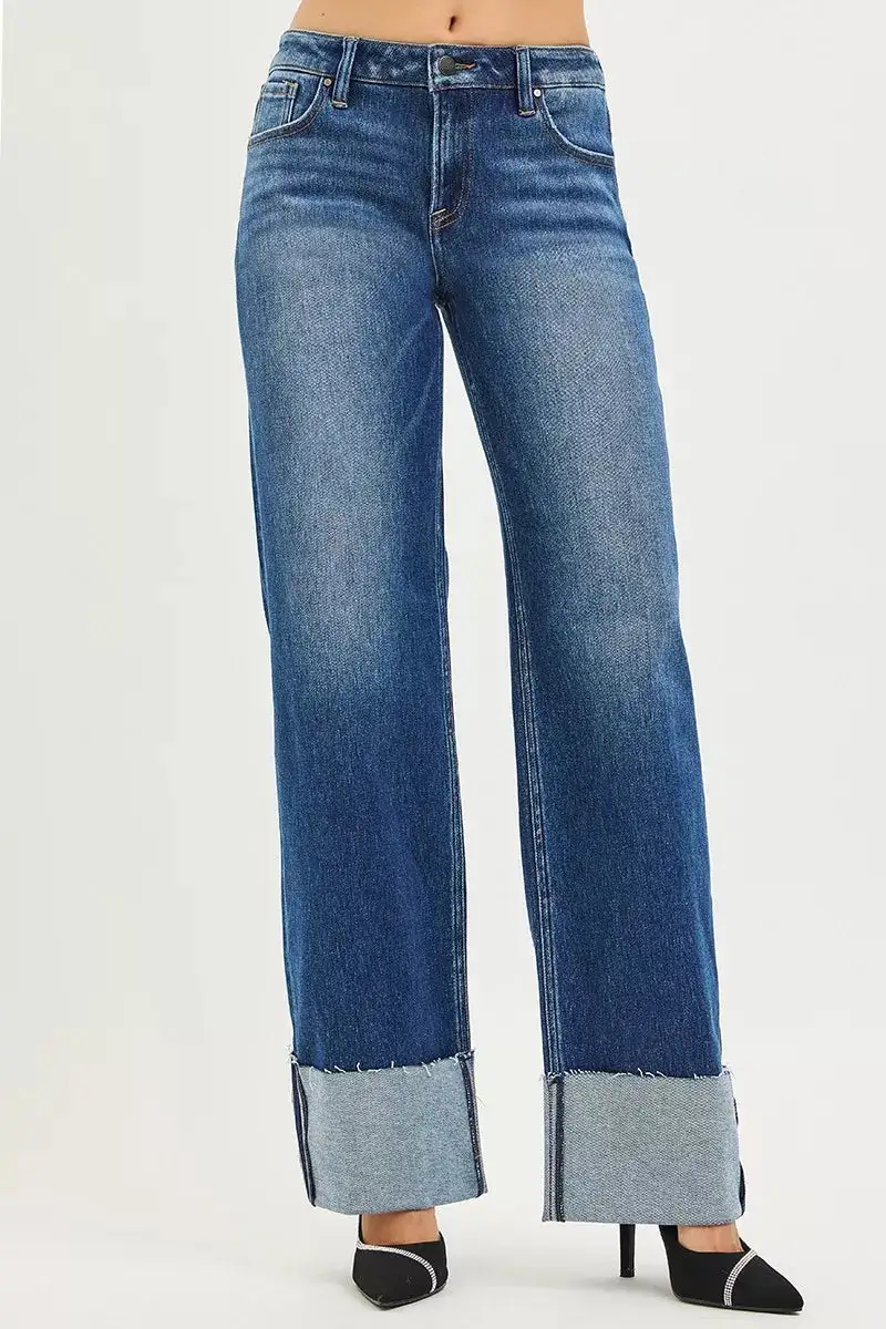 Mid-Rise Relaxed Raw-Hem Washed Wide Straight Jeans
