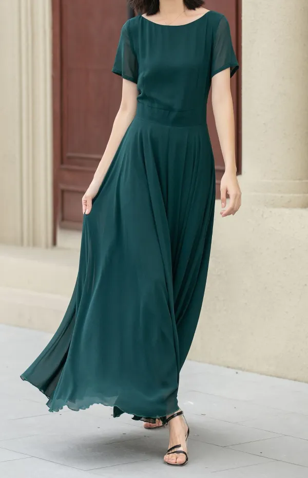 Modern Chiffon Fit And Flare Short Sleeve Maxi Dress