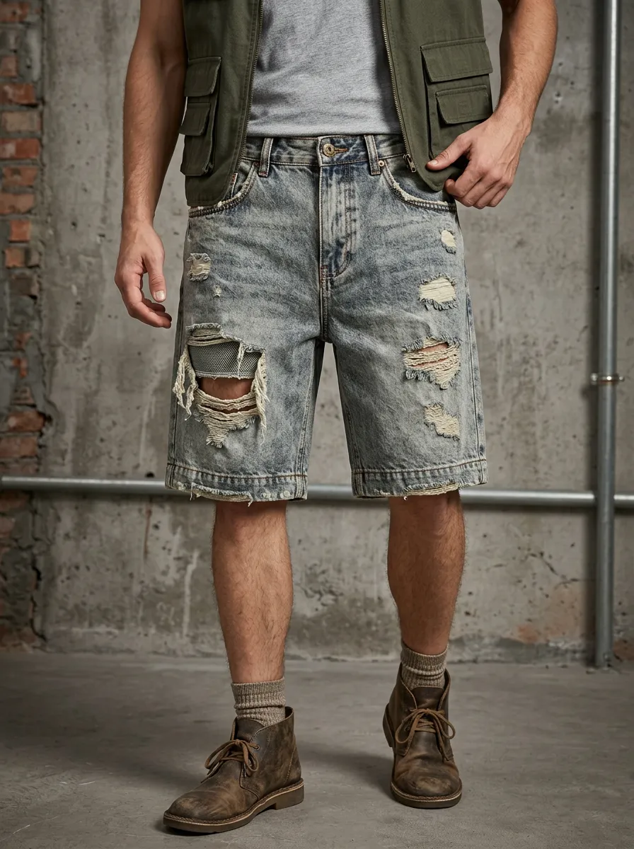 Men's Vintage Distressed Acid Wash Ripped Denim Shorts