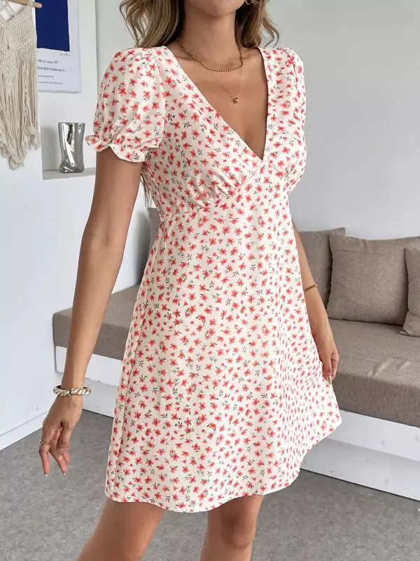 Polished Detail Floral Printed V Neck Mini Dress