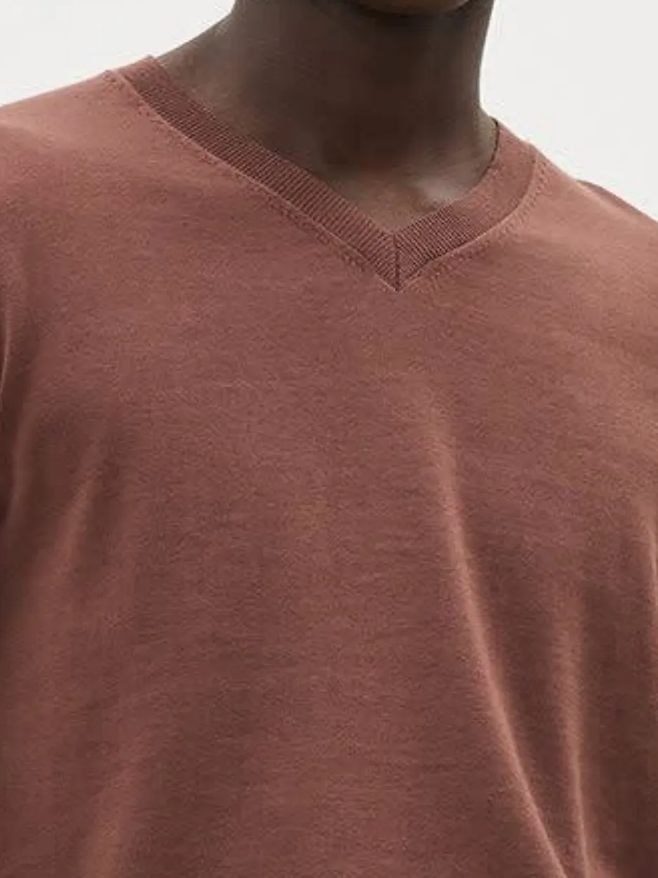 Deep Cognac Rose Long-Sleeve V-Neck Sweater