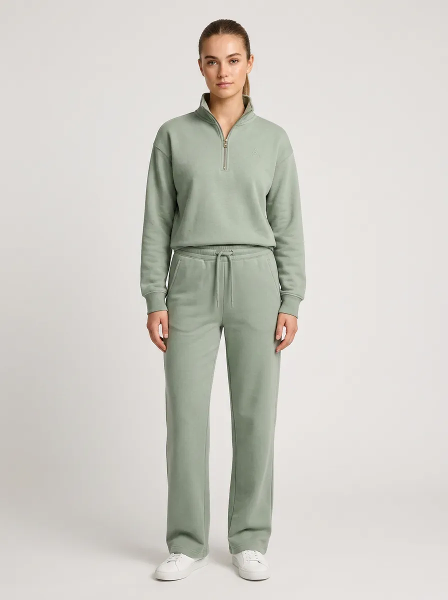 Women's Straight Leg Sage Green Quarter Zip Sweatshirt and Jogger Lounge Set