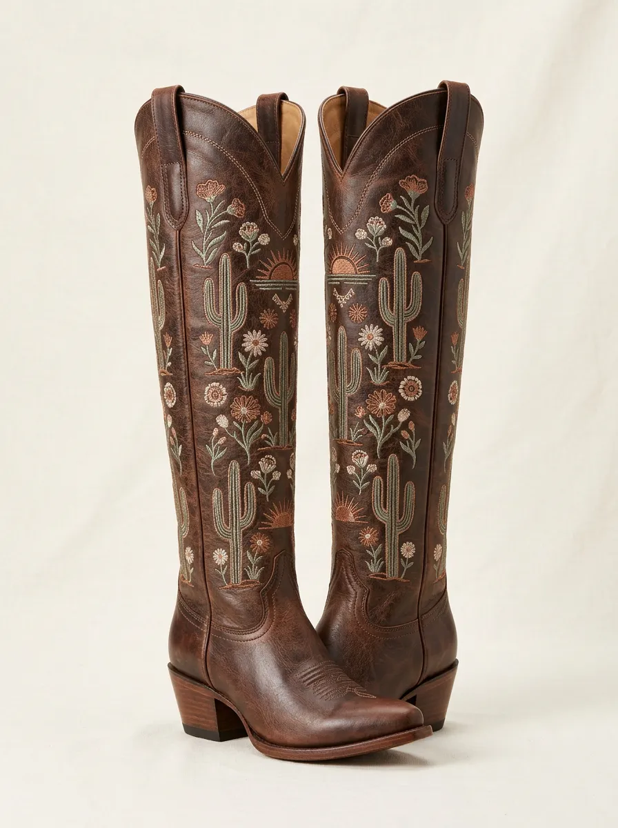 Women's Western Cactus Floral Sun Embroidered Pointed-Toe Denim Over-the-Knee Boots