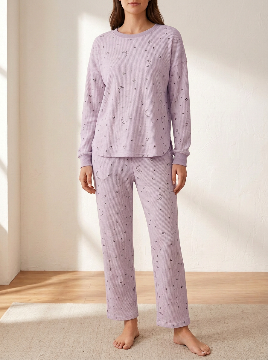 Women's Celestial Waffle-Texture Curved-Hem Lounge Set