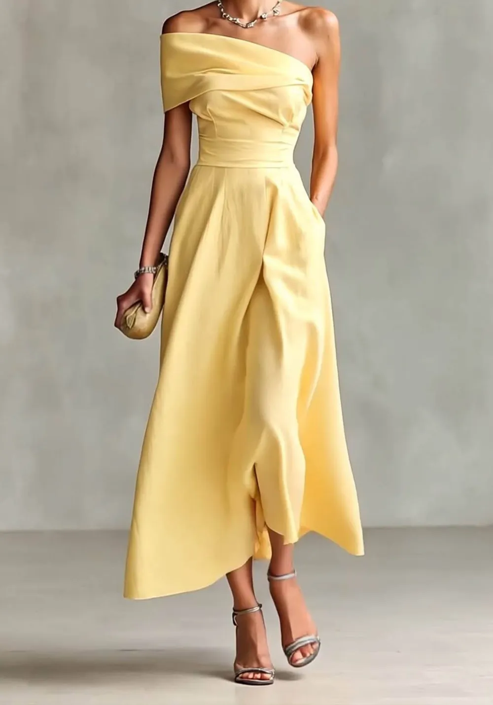 Off Shoulder High Waisted Midi Dress
