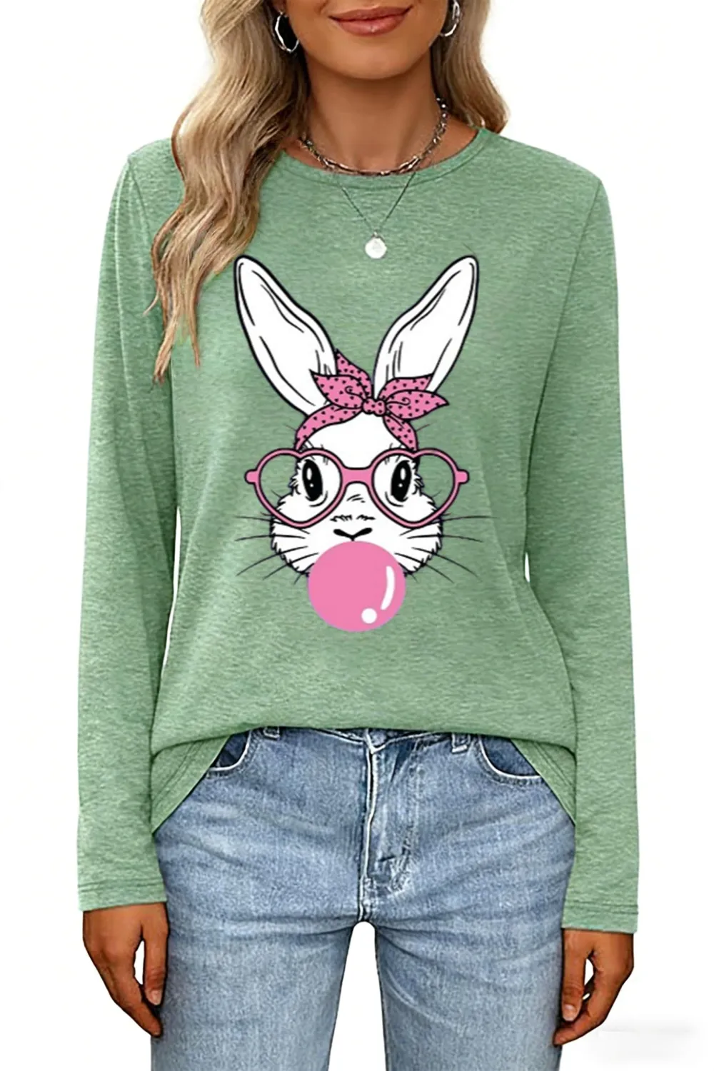 Bubble Rabbit Print Green Long Sleeve T-shirt