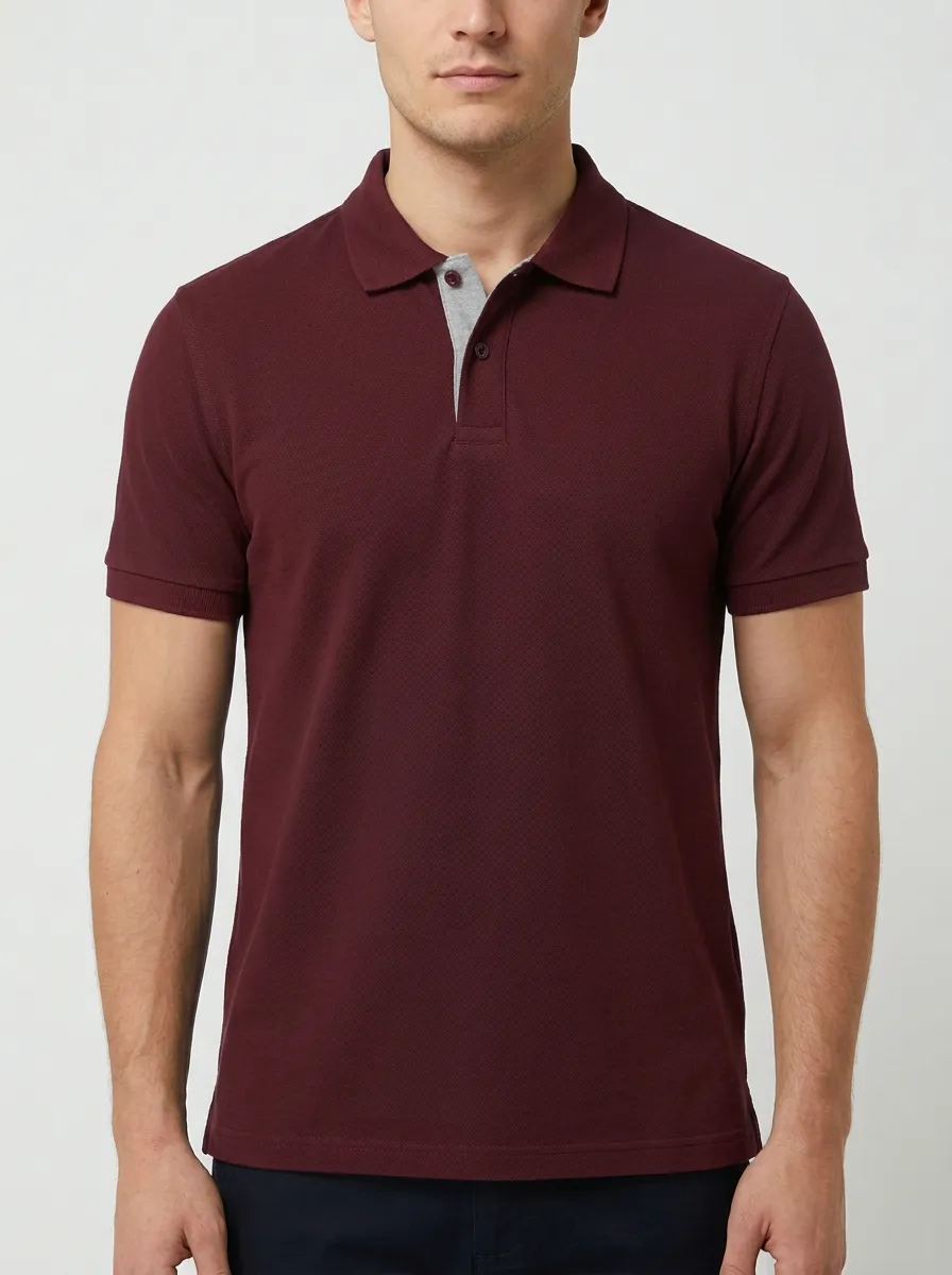 Men's Ribbed Textured Contrast-Placket Polo Shirt