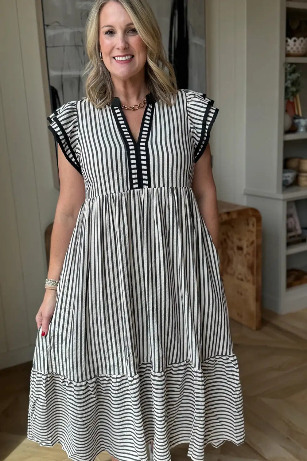 Comfort Fit Striped V Neck Ruffle Midi Dress