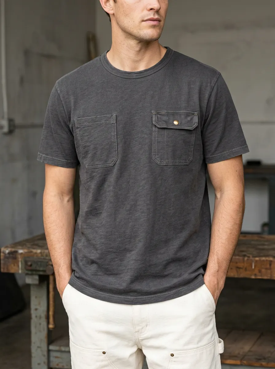 Men's Workwear T-Shirt with Snap-Flap Pocket and Crewneck