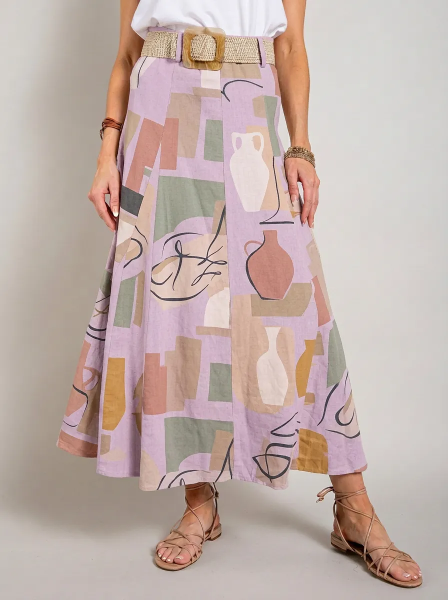 Women's Abstract Pottery Art Geometric Printed Midi Skirt